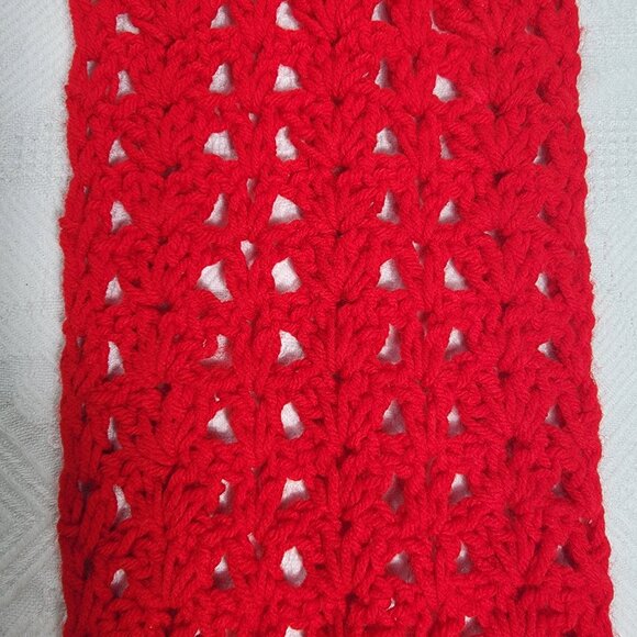 Vintage homemade scarf crocheted bright red fringe 7' long‎ - Picture 6 of 8